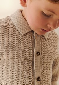 Beige knitted cardigan with a textured pattern, featuring a collared neckline and two brown buttons on the front.