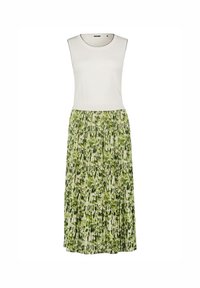 Ärmelloses Kleid mit einem weißen Oberteil, das einen plissierten grünen Rock mit einem Blättermuster in verschiedenen Grüntönen auf einem hellen Hintergrund präsentiert.