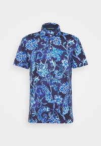 Polo tričko s krátkým rukávem v tmavě modré barvě, které má složitý květinový vzor v odstínech modré, s klasick�ým límečkem a nápletem na tři knoflíky.