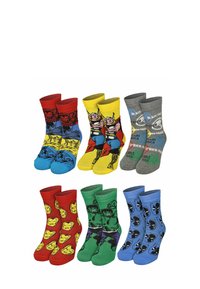 Four pairs of cotton socks featuring various superhero designs. Colors include red, blue, yellow, green, and gray with contrasting ribbed cuffs.