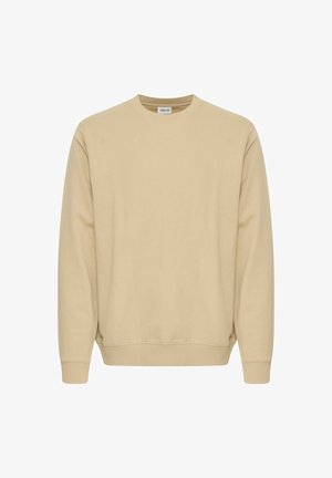 Sudadera beige hecha de una mezcla de algodón suave, con cuello redondo, mangas largas y puños y dobladillo de canalé. Sin patrones ni herrajes visibles.