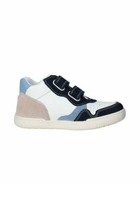 Sneaker con texture e colori multipli; presenta una tomaia in pelle bianca, accenti in suede blu navy, parte posteriore azzurra e due strap in velcro.