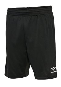 Svarta sportshorts gjorda av slät tyg, med ett brett elastiskt midjeband och en liten vit logotyp på nedre högra sidan.