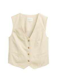 Beige ärmellose Weste mit V-Ausschnitt, fünf Knöpfen vorne, zwei Seitentaschen und einem glatten, strukturierten Stoff.