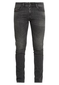 Slim-fit black denim jeans with a faded effect, five pockets, and subtle logo detail on the front. Features a classic button closure.