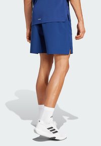 Blauwe sportieve shorts made van lichtgewicht stof, met zijsplitten, gecombineerd met witte sokken en zwartgestreepte witte schoenen.