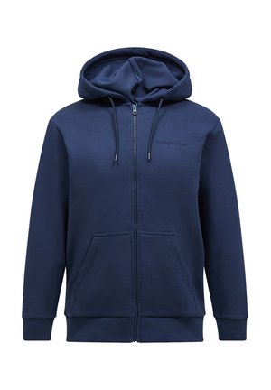 Navy blue zip-up hoodie made of soft fabric, featuring a large hood, front pockets, and ribbed cuffs and hem; logo accent on chest.