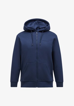 Marineblauer Reißverschluss-Hoodie aus weichem Stoff, mit großer Kapuze, Taschen vorne und gerippten Bündchen und Saum; Logoakzent auf der Brust.