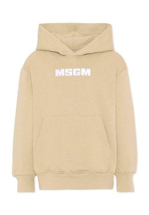 Beige hoodie met buidelzak aan de voorkant en wit MSGM-logo gecentreerd op de borst.