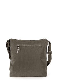 Grau gefärbte Umhängetasche aus Stoff mit verstellbarem Riemen, Reißverschlussverschluss, vorderer Reißverschlusstasche und strukturiertem Oberflächenmaterial. Mit einem kleinen Metallschmuckstück.