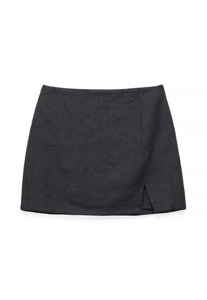 Dark gray mini skirt with a subtle side front slit and a smooth, fitted silhouette.