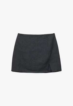 Dark gray mini skirt with a subtle side front slit and a smooth, fitted silhouette.