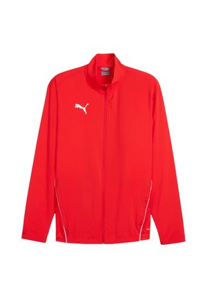 Giacca sportiva rossa realizzata in un tessuto leggero, con colletto alto, zip frontale completa, dettagli bianchi e un piccolo logo sul lato sinistro del petto.