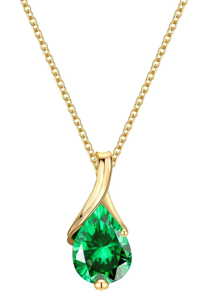 Kuld ahel kaelakee, millel on pirnikujuline roheline vääriskivi ripats, millel on facettpind ja sujuvad, kaardus metallist aksessuaarid.