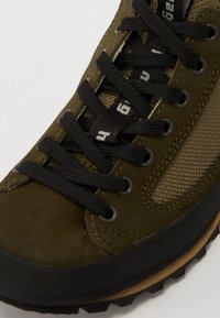 Olivgrüner Wanderschuh mit einem Obermaterial aus Wildleder, Mesh-Akzenten, schwarzen Schnürsenkeln und einer langlebigen Gummisohle mit strukturiertem Profil für besseren Halt.