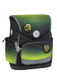 Green and black school backpack with dinosaur keychain and two dinosaur image badges on front pockets, brand name Belmil visible.
