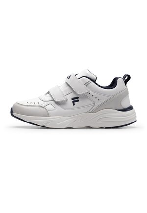 White and gray sneaker with black interior lining, two velcro straps, black "F" logo on side, and thick white sole with black tread.
