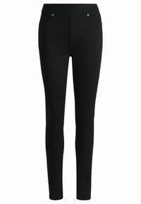 Jeans skinny neri con una texture liscia, caratterizzati da una vita alta, dettagli in metallo sui bottoni e cuciture sui taschini anteriori.