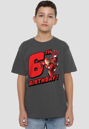 Gray short-sleeve t-shirt featuring a red '6th BIRTHDAY!' text and an Iron Man graphic in red, gold, and black colors.
