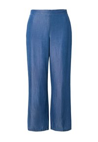 Spodnie dżinsowe o szerokim kroju w średnim odcieniu niebieskiego. Posiadają elastyczny pas, gładką strukturę i luźny fason. Brak widocznych wzorów lub elementów metalowych.