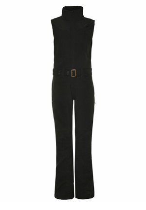 Salopette nera senza maniche con colletto alto, zip frontale, vita con cintura e due tasche laterali. Realizzata in tessuto morbido e resistente con una texture liscia.