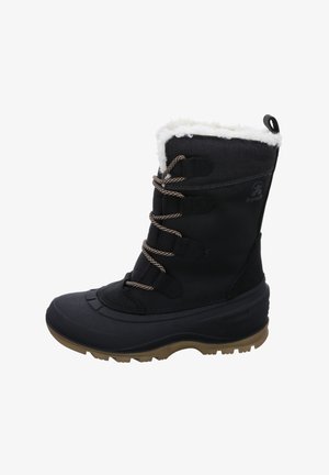 Bota de nieve negra con forro de piel sintética, suela de goma, cordones resistentes y parte superior texturizada, diseñada para condiciones invernales con una construcción duradera.
