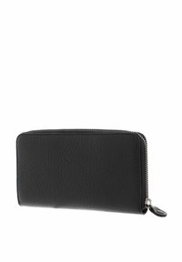 Portefeuille en cuir noir avec fermeture à glissière, surface texturée, forme rectangulaire et petite languette de tirage. Design compact et minimaliste.