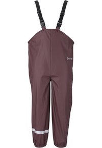 Pantalones de pvc de color burdeos, impermeables, con tirantes negros ajustables, puños elásticos y rayas reflectantes en los tobillos. Fabricados con material duradero.