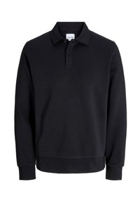 Sort langærmet polo i bomuld med treknaps krave, ribstrikkede manchetter og lige kant i bunden. Ingen mønstre eller detaljer.