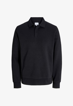 Musta pitkähihaisen puuvillainen poolopaita, jossa on kolme nappia kauluksessa, resorireunukset hihoissa ja suora helma. Ei kuvioita tai koristeita.