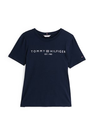 Navy blue cotton t-shirt featuring "TOMMY HILFIGER EST. 1985" logo in white text, round neckline, and short sleeves with logo accent on sleeve.