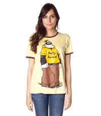 Yellow cotton t-shirt with brown accents, featuring a cartoon character in a yellow shirt and the text "Party Animal" in black.