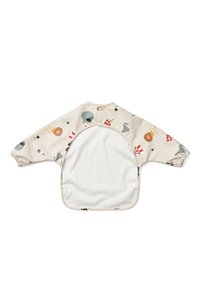 Smalto lavabile a maniche lunghe color crema con fantasie di animali colorati. Presenta polsini elasticizzati e una grande tasca sul retro per praticità.