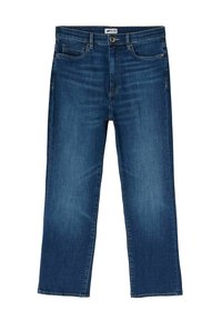 Jeans in denim blu con design a gamba dritta, apertura con cerniera e tasche frontali. Il tessuto ha una texture liscia con un lavaggio medio.