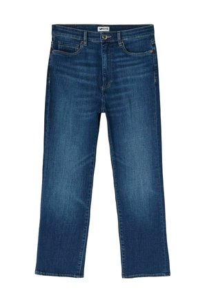 Vaqueros de mezclilla azul con un diseño de pierna recta, cierre de cremallera y bolsillos frontales. La tela tiene una textura suave con un lavado medio.