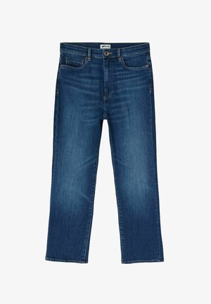 Vaqueros de mezclilla azul con un diseño de pierna recta, cierre de cremallera y bolsillos frontales. La tela tiene una textura suave con un lavado medio.