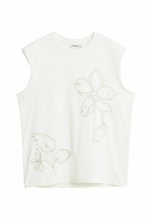 Wit mouwloos shirt met een subtiel geborduurd bloemmotief met grote bloemblaadjes en bladeren aan de voorkant.