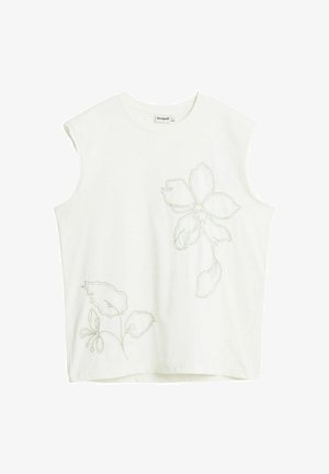 Wit mouwloos shirt met een subtiel geborduurd bloemmotief met grote bloemblaadjes en bladeren aan de voorkant.
