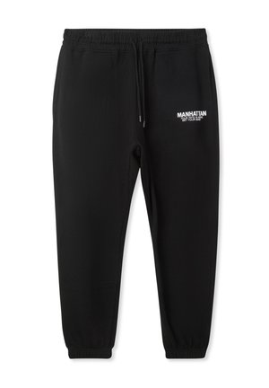 Pantaloni della tuta neri realizzati in tessuto morbido, con vita e polsini elastici. Presentano un logo testuale bianco sul fianco sinistro. Design a gamba dritta.
