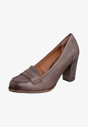 Szary skórzany szpilka z kwadratowym noskiem, ozdobiona przeszywanym akcentem typu loafer oraz teksturowanym obcasem typu blok.