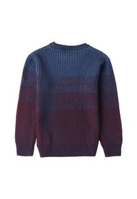 Sweter dziany o prążkowanej strukturze, z niebieskimi i czerwonymi poziomymi paskami. Okrągły dekolt i długie rękawy, widok z tyłu.