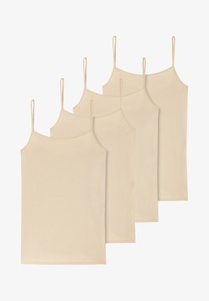 Fyra beigefärgade linnen med tunna axelband, tillverkade av mjukt tyg. De har en enkel design och en rak nederkant.