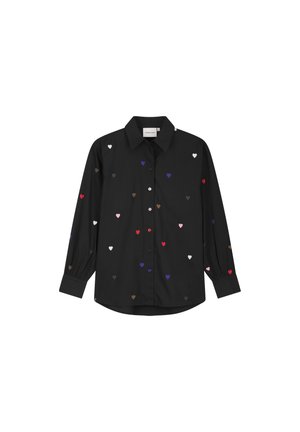 Black button-up shirt with long sleeves, featuring colorful heart embroidery in various sizes, including red, purple, and white.