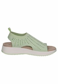 Šviesiai žalia slip-on tipo šlepetė su perforuota viršutine dalimi, tekstūruotomis detalėmis ir balta, paminkštinta padanga komfortui ir palaikymui.