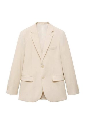 Blazer beige realizzato in tessuto liscio, con rever a punta, due tasche frontali e chiusura a un bottone. Vestibilità classica e design sartoriale.
