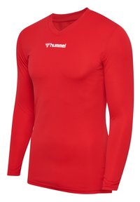 Rotes langärmliges Sportshirt mit V-Ausschnitt, aus glattem Stoff, mit dem weißen "hummel"-Logo auf der Brust und gerippten Bündchen.