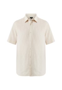 Camisa de botones de manga corta en lino beige, con cuello, textura sutil y colocación estándar de botones en la parte frontal.