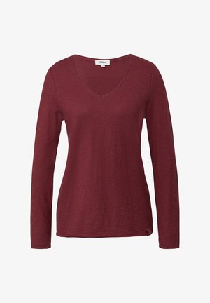 Langärmliges, tiefrotes Oberteil mit V-Ausschnitt, aus weichem, strukturiertem Stoff. Verfügt über ein dezentes Melange-Muster und ein kleines Logotag am Saum.