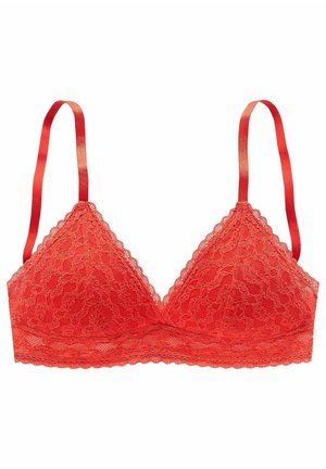 Bralette in pizzo rosso con coppe triangolari, spalline in satin regolabili e bordi scallopati. Texture morbida con motivo floreale in pizzo.