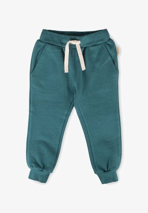 Pantaloni della tuta per bambini verde petrolio con vita elasticizzata, coulisse bianca, tasche laterali e polsini alle caviglie.